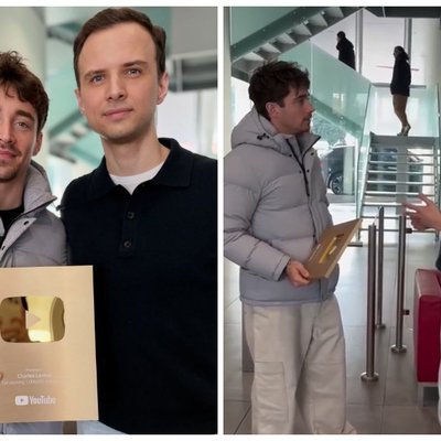 Dan Oros, coordonator regional pe strategie la Google și YouTube, i-a oferit premiul pentru atingerea a 1 milion de abonați pilotului de Formula 1 Charles Leclerc.